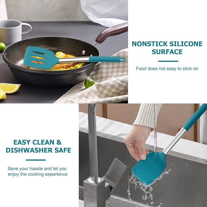 TeamFar Cooking Utensils Set, 4PCS Heatproof Silicone Utensil Kitchen Tools with Stainless Steel Handle, for Non-stick Cookware Flipping Frying Draining, Nontoxic & Non scratch, Easy Clean - Navy Blue
