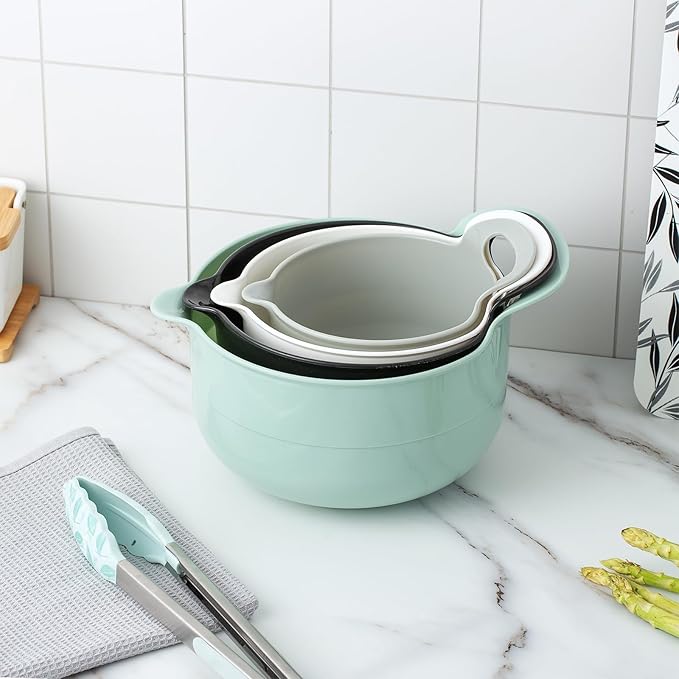 COOK WITH COLOR Nesting Plastic Mixing Bowl Set with Pour Spouts and Handles, Mint, 4 Piece Non-Slip