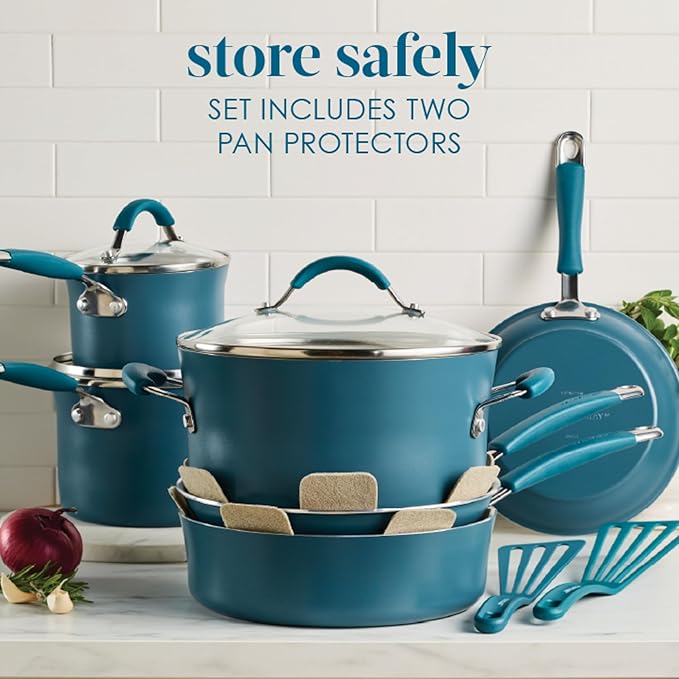 Rachael Ray Cucina Ceramic Cookware Set - 13 Pieces - Ceramic Pots and Pans Set w/Nonstick Frying Pans, Saute Pan, Saucepans, Stockpot, Lids, Pan Protectors & Cooking Utensils - Marine Blue