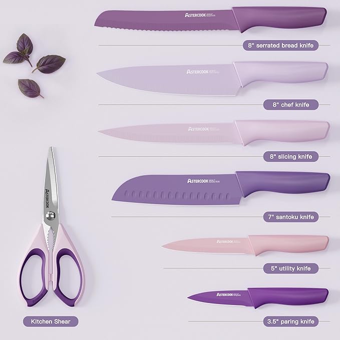Astercook Knife Set, 13 Pieces Kitchen Knives Set with Healthy Anti-Rust Coating, Dishwasher Safe, Stainless Steel Chef Knife Sets with 6 Blade Guards, Perfect Holiday Gifts for Kitchen Purple