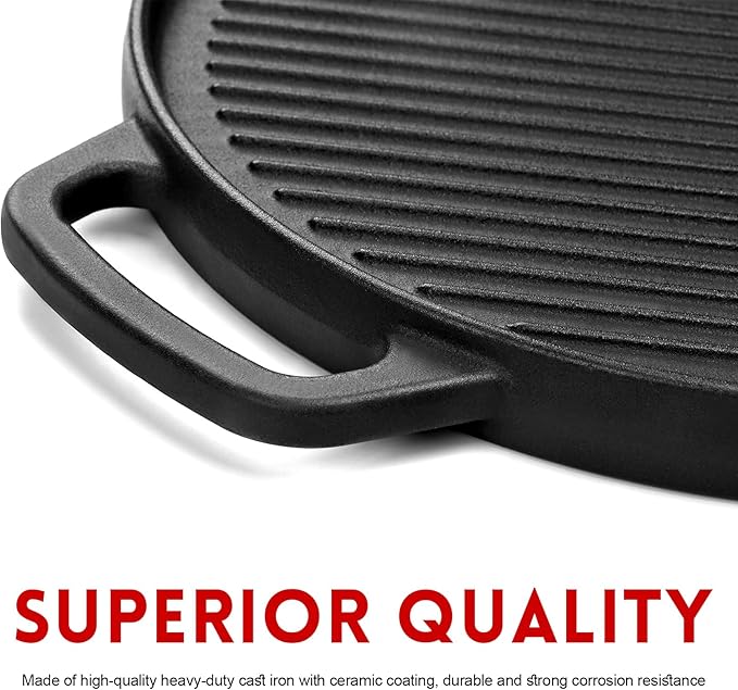 GGC Cast Iron Reversible Griddle, 12 inch Griddle Pan for Stove Tops, Gas Grills and Outdoor Cooking, Double-sided Griddle Plate with Baking Flat and Ribbed