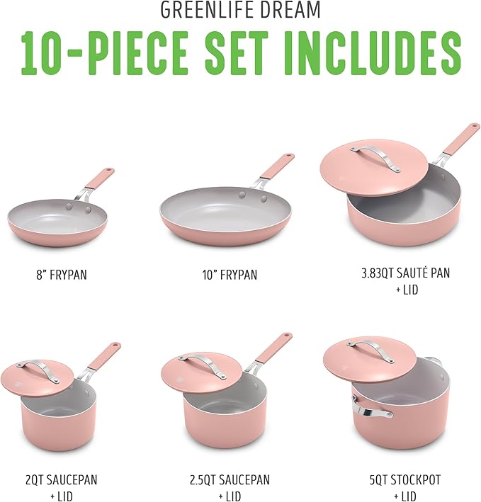 GreenLife 10-Piece Nonstick Ceramic Cookware Set, Lightweight Healthy PFAS-Free Pots & Pans with Lids, Dishwasher & Oven Safe, Durable Body, Silicone Stay-Cool Handles, Easy Release, Pink