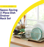 Space-Saving 3-Piece Dish Drainer Rack Set: Efficient Kitchen Organizer for Quick Drying and Storage - Includes Cutlery Holder and Drainboard - Maximize Countertop Space, Sage Green