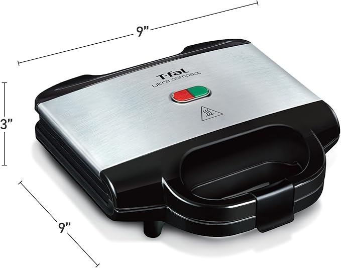 T-fal Compact Sandwich Maker, Stainless Steel, Easy to Clean, Indicator Lights, Cool Touch Handle, Grilled Cheese, Panini, 625 Watts, Black