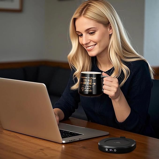 Coffee Mug Warmer & You are Awesome Mug Set, Electric Cup Warmer with Auto Shut Off, 4 Temperature Setting Smart Beverage Warmer, 8-Hours Auto Shut Off (Black Awesome Mug)