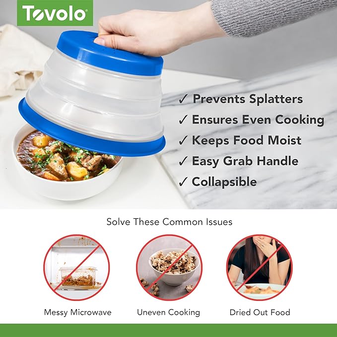 Tovolo Microwave Splatter Cover for Food, Small (Blue) - Collapsible & Vented Silicone Splatter Guard Lid - Microwave Plate & Dish Cover with Handle - BPA-Free Kitchen Gadget for Meal Prep