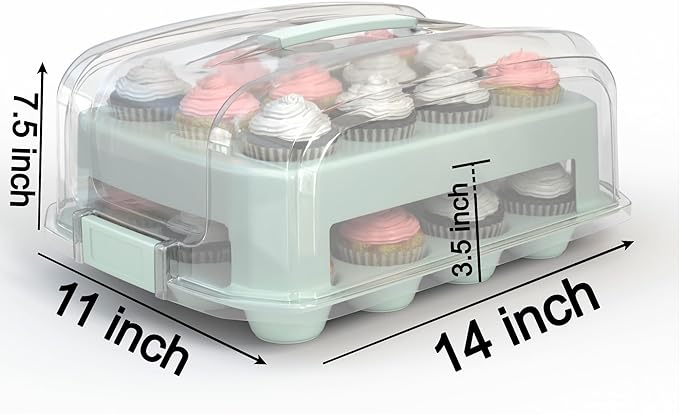 Top Shelf Elements Cupcake Carrier, EXTRA TALL LID, Green Cupcake Holder Carries 24 Standard-Size Cupcakes, Muffin Traveler Two Tier Stand Reusable Cupcake Box
