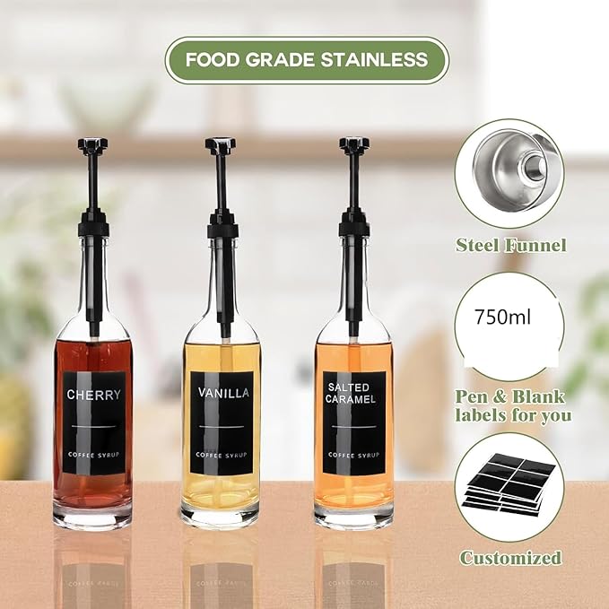 25.4 oz 750 ml Glass Coffee Syrup Dispenser for Coffee Bar With Pump & Lables Glass Syrup Bottle Included -4 Pack