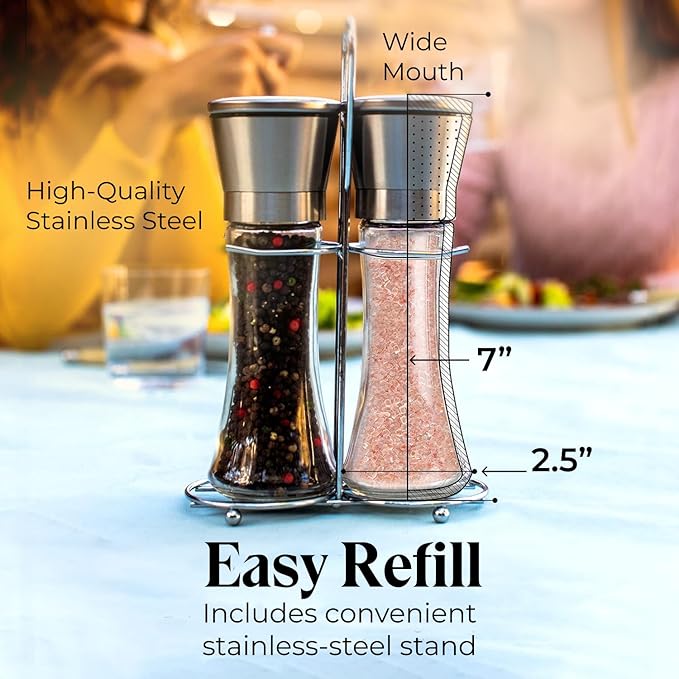 Willow & Everett Salt & Pepper Grinder Set with Stand - Stainless Steel Manual Mills & Holder with Adjustable Coarseness, Refillable Design for Peppercorns & Rock Salt Sold Separately