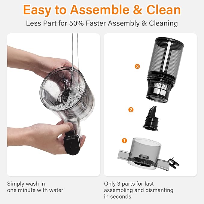 Cold Press Juicer, Masticating Juicer with Large Feed Chute Fit Whole Fruits & Vegetables，Stainless Steel Slow Masticating Juicer Easy to Clean, 99.6% Juice Purity, Metallic Silve