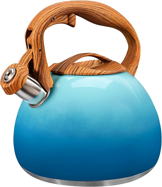 GGC Tea Kettle for Stove Top, 3.1QT/3L Whistling Tea Kettles for Boiling Water Coffee or Milk, Gradient Blue Tea Pot with Wood Parttern Handle, Stainless Steel Tea Pots for Home and Kitchen
