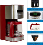 Kenmore Drip Coffee Maker - Programmable Cafe Machine With Glass Pot, Regular & Bold Brew, Auto Shut Off Large Water Reservoir, Reusable Filter, Kitchen Appliances For Cafeteria Barista, 12 Cup Red