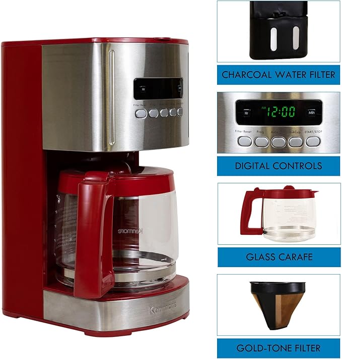 Kenmore Drip Coffee Maker - 12 Cup Programmable Cafe Machine With Glass Pot, Regular & Bold Brew, Auto Shut Off Large Water Reservoir, Reusable Filter, Kitchen Appliances For Cafeteria Barista, Red