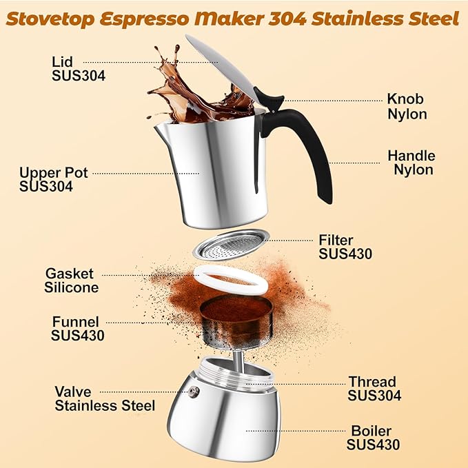 No Coating 9 Cup Thickened 304 Stainless Steel Moka Pot Stovetop Espresso Maker Italian Coffee Machine 450ml 15oz Suitable for Gas Induction Stovetop Greca Coffee Maker Percolator