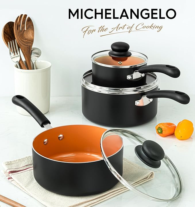 MICHELANGELO Nonstick Sauce Pan with Lid 1QT, 2QT & 3QT, Ceramic Saucepan Set, Copper Sauce pans, Non-Toxic Saucepan, Multipurpose Cooking Pots Set For Home Kitchen, Compatible induction
