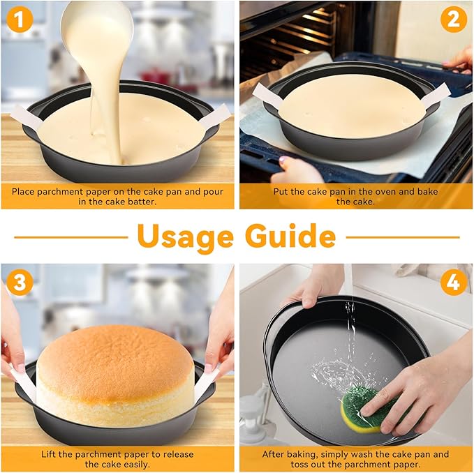 6 Inch Cake Pan - 3PCS Nonstick Round Cake Pans with 100 PCS Parchment Paper, Carbon Steel Smash Cake Baking Pans with Handle, Dishwasher Safe