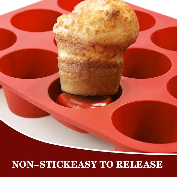 Vodolo 12-Cup Silicone Professional Non-Stick Popover Pans for Muffins, Brownies and Baking