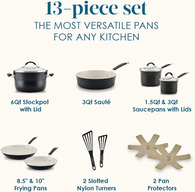 Rachael Ray Cucina Ceramic Cookware Set - 13 Pieces - Ceramic Pots and Pans Set w/Nonstick Frying Pans, Saute Pan, Saucepans, Stockpot, Lids, Pan Protectors & Cooking Utensils - Peppercorn
