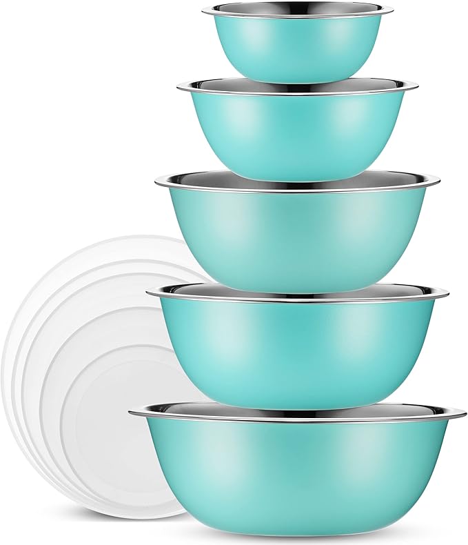 WHYSKO Stainless Steel Mixing Bowls With Lids Set, 5 Sizes Nesting Mixing Bowls for Your Kitchen Meal Prep, Cooking, Baking, and Food Storage (Blue Bowls with White Lids)