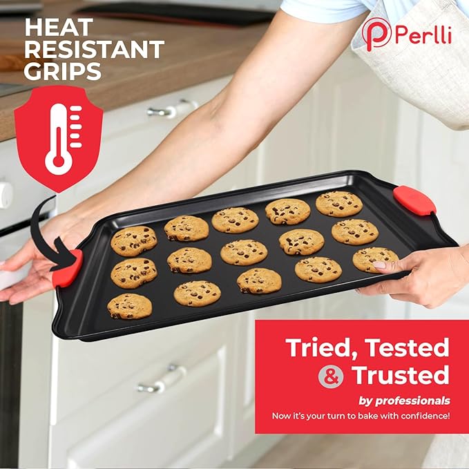 PERLLI Non-Stick 6-Piece Baking Pan Set, BPA-Free Carbon Steel Bakeware Set with Silicone Handles, Stackable Kitchen Oven Set, Cookie Sheet, Baking Tray, Baking Sheet Set, Oven Safe (446°F)