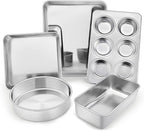 TeamFar Bakeware Sets, Stainless Steel Toaster Oven Baking Roasting Pans, Square/Round Cake Pan, Loaf Pan & Muffin Pan, Healthy & Heavy Duty, Smooth & Dishwasher Safe-5 PCS