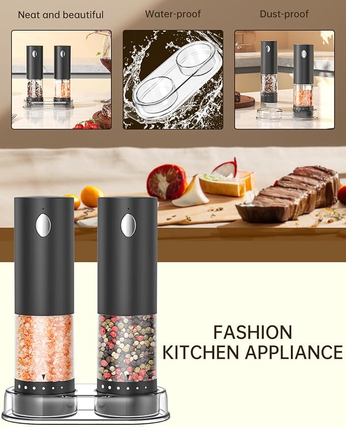 CIRCLE JOY Electric Salt and Pepper Grinder Set Rechargeable Salt and Pepper Mills with 6-Level External Adjustable Coarseness, White LED Light and Storage Base, Black