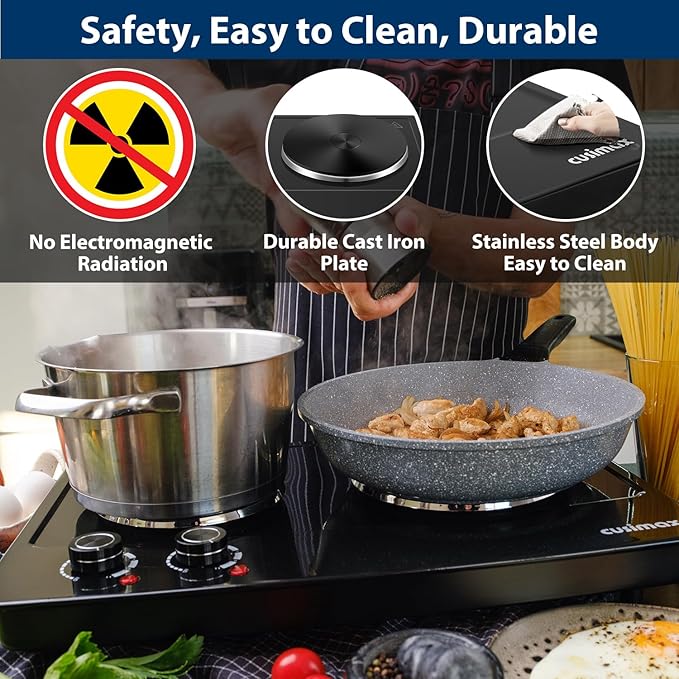 CUSIMAX Hot Plate, 1800W Electric Burner Double Hot Plate for Cooking Countertop Burner with Adjustable Temperature Control, Portable Electric Cast Iron Hot Plates Cooktop, Easy to Clean, Black
