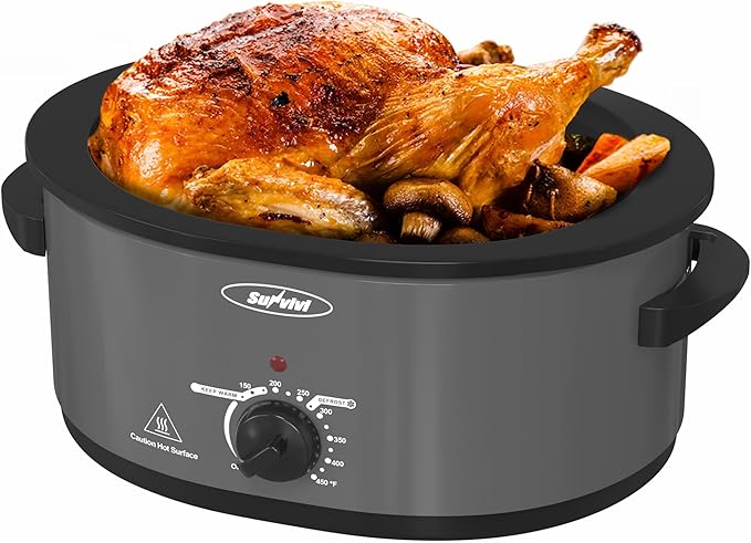 8 Quart Roaster Oven with Self-Basting Lid, with Removable Roasting Rack, Turkey Defrost & Warm Function, Adjustable Temperature for Use as a Slow Cooker, Stainless Steel, Grey