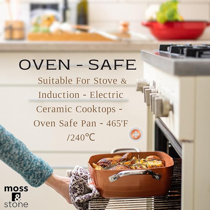 Moss & Stone 6 Pcs Copper Chef Cookware Non Stick Deep Frying Pan 9.5" x 3.5", Fry Basket, Steamer Rack, Dishwasher & Oven Safe, 5 Qt Deep Square Pot & Non Stick Pan, Induction Copper Cookware Set