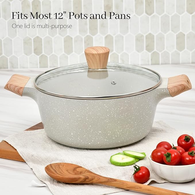 12 IN Glass Lid for Frying Pan and Pots, Tempered Replacement Cover with Wooden Handle Compatible for All Cookware for Skillets, Round Cast Iron, Cast Aluminium, Stainless Steel Pans & Pots