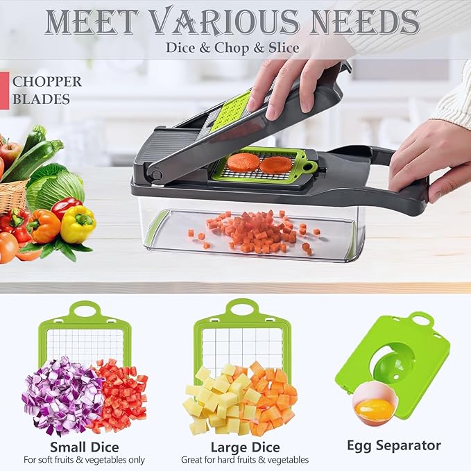 Vegetable Chopper Dicer with Container | Cheese Grater Mandoline Slicer Cabbage Shredder French Fry Cutter Stainless Steel for Veggie Onion Potato Fruit Food, Manual Hand Cooking Gadget for Kitchen