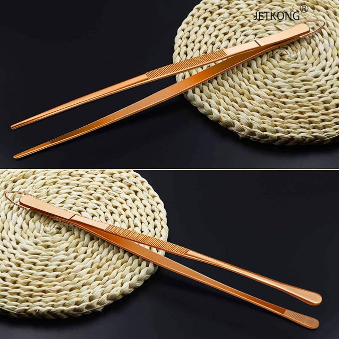 JETKONG 2 Pcs 12-Inch Kitchen Tweezers Cooking Tweezer Tongs Stainless Steel Long Food Tweezers (Rose Gold)
