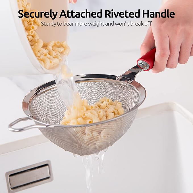 18/8 Stainless Steel Mesh Strainer: U-Taste 5.5 Inch Kitchen Fine Mesh Sieve Food Colander with Riveted Sturdy Silicone Handle and 30 Mesh Hole for Straining Flour, Pasta, Fruit, Quinoa (Red)