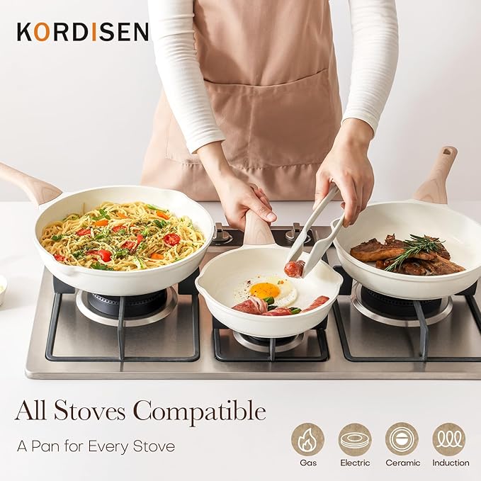 Kordisen Nonstick Ceramic Frying Pan Set, 3 Piece Ceramic Skillet Set, Healthy Non Toxic Cooking Pan, Stay-Cool Handle, Induction Compatible, PFOA & PFAS Free, White
