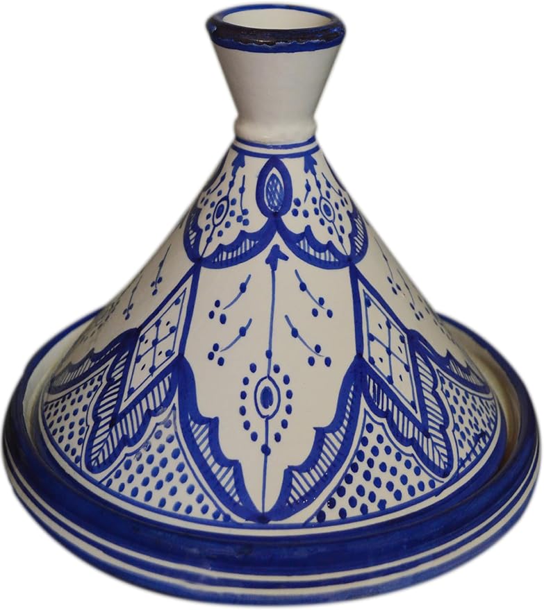 Moroccan Handmade Serving Tagine Exquisite Ceramic With Vivid colors Original 8 inches in Diameter Fes White & Blue
