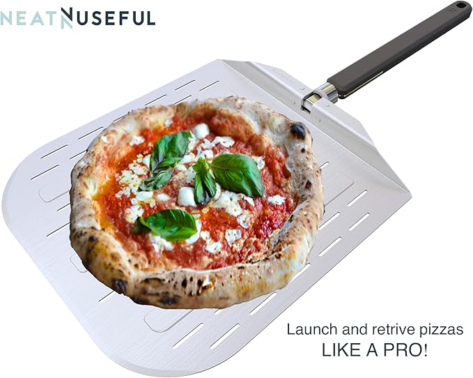 Pizza Peel 12 inch with Long Foldable Handle – Aluminum Pizza Paddle – Pizza Spatula or Pizza Turning Peel – Pizza Oven Accessories – For Baking Dough, Bread and Pastry, NNU-PP-12-PRO