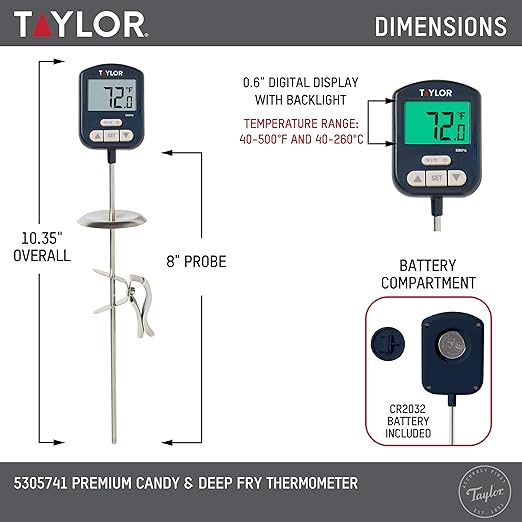 Taylor Digital Premium High Heat Resistant Candy Thermometer, Meat, Deep Fry, Brewing, and Craft Thermometer, with pan/Kettle Clip and Heat Shield, Backlit Display, and Includes 1 CR2032 Battery, Navy