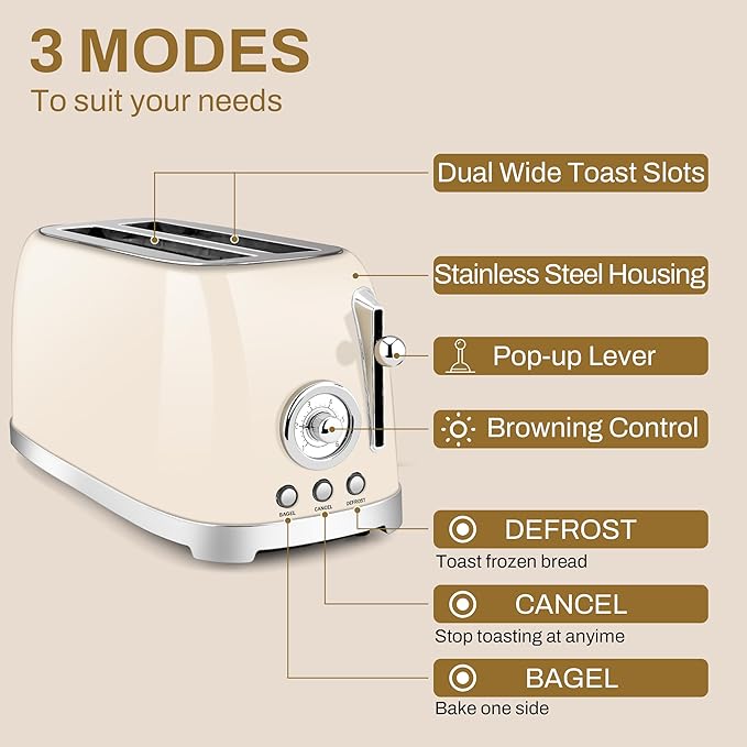 SUSTEAS Toaster 4 Slice Wide Slot, Stainless Steel Bread Bagel Toasters, Retro Long Slot Tostadora for Defrost, Reheat, Removable Crumb Tray, 1500W, 6 Browning Settings, Beige