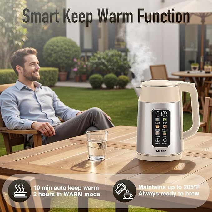 Mecity Electric Kettle 1.7L Touch Screen Temperature Control Water Boiler, No Plastic Contact with Water. 6 Presets For Tea and Coffee, 2 Hours Keep Warm, Auto Shut Off, Cream & Stainless Steel Color