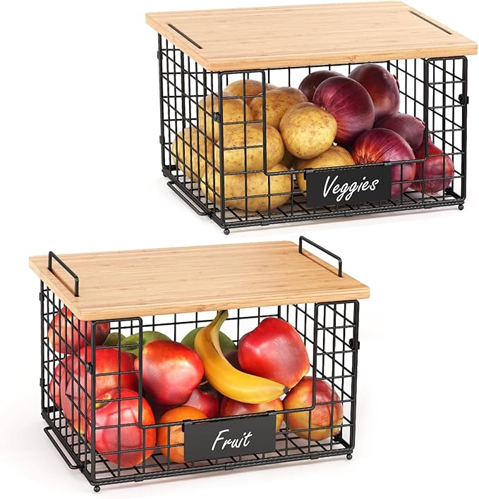 2 Pack Stackable Wire Baskets with Bamboo Top for Pantry Organizers and Storage, XXL Kitchen Organization Counter Basket for Fruit, Vegetable, Produce, Bread, Potato and Onion Storage Bins
