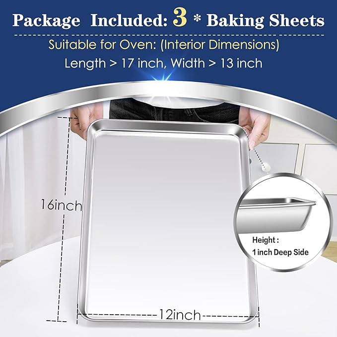 P&P CHEF 16 Inch Baking Cookie Sheet, Oven Pan Tray Stainless Steel Sheet Pan for Kitchen, Oven Bakeware for Multi Uses, Shiny Look & Dishwasher Safe, Healthy & Heavy Duty, 3Pcs