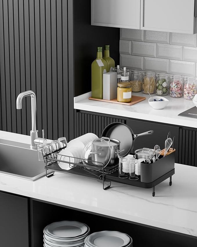 Kitsure Large Dish Drying Rack - Extendable Dish Rack, Multifunctional Dish Rack for Kitchen Counter, Anti-Rust Dish Drainers with Cutlery & Cup Holders 19.2"-26.7" L x 12.9" W, Black