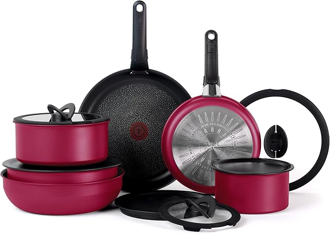 T-fal Ingenio Expertise Non Stick Cookware Set 14 Piece, Induction, Oven Broiler Safe 500F, Cookware, Pots and Pans Set, RV, Camping, Frying Pans, Dishwasher Safe, Detachable/Removable Handle, Pink