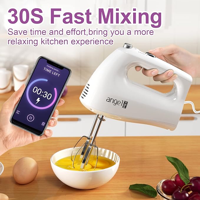 Mini Angel Hand Mixer, 400W Portable Kitchen Handheld Mixer with Eject Button, 5 Speed & 5 Stainless Steel Accessories, Egg Beaters and Whisk for Easy Whipping Cake, Cream, Batters, Cookies