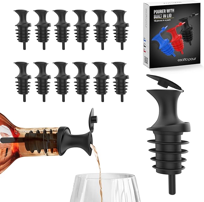 Esatto Pour and Seal, Plastic Bottle Pourers With Built In Lid – Easy and Precise Pouring, Lid for Storing and Healthy Practices, Professional Bar Tool, Pack of 12 Pieces Wine Stopper Pourer (Black)