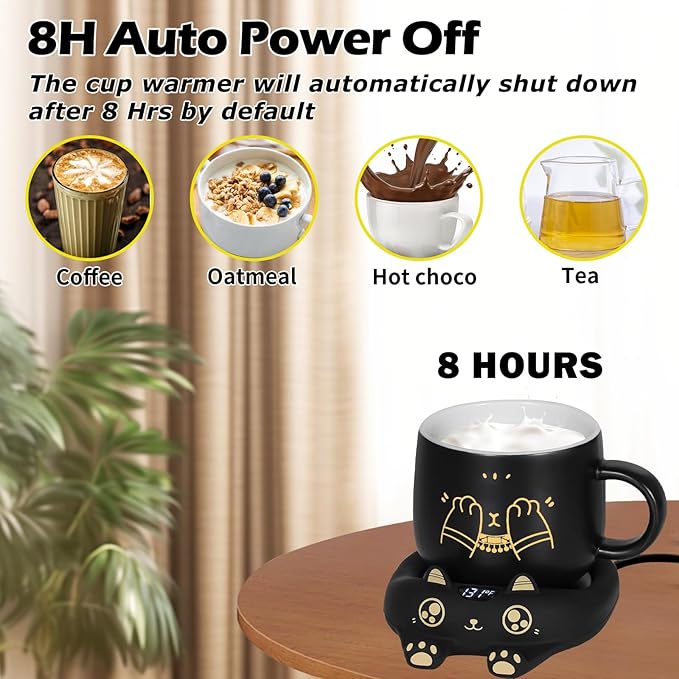 PUSEE Coffee Mug Warmer & Cute Cat Mug Set, Coffee Cup Warmer for Desk with Auto Shut Off, Beverage Warmer with 3 Temp Settings, Candle Warmer Coffee Warmer with Mug Set for Christmas & Birthday Gifts