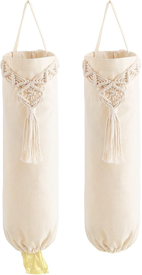 Mkono 2 Pack Macrame Plastic Bag Holder Grocery Bags Organizer Trash Bag Dispenser Camper Boho Decor Shopping Bag Storage for Kitchen Closet Pantry Laundry Room, Ivory, 9”W x 21”L