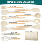 Silicone Cooking Utensil Set,12 PCS Cooking Kitchen Utensils Set, Nonstick Kitchen Utensils 446°F Heat-Resistant Cookware Kitchen Tools of Spoon,Brush,Whisk,Spatula,Turner Tongs (Khaki)