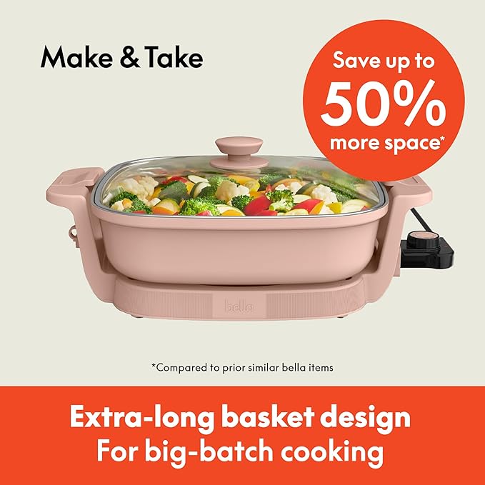 bella Make & Take Electric Skillet, Fits-anywhere™ kitchenware, EverGood™ Ceramic Coating, Adjustable Temperature & Dishwasher-Safe Tempered Glass Lid, Cast Aluminum Base, 1200 Watt, Blossom