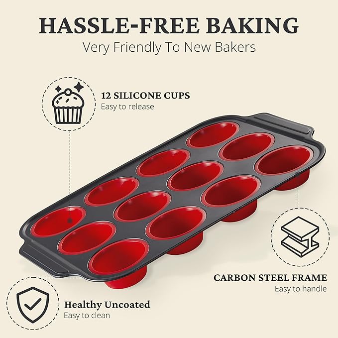 BRONYPRO Silicone Muffin Pans for Baking with Metal Frame, Egg Bite Molds, Cupcake Pans 12 Regular Size, Muffin Tins Easy to Pop Nonstick Non Toxic Bakeware for Oven, Red